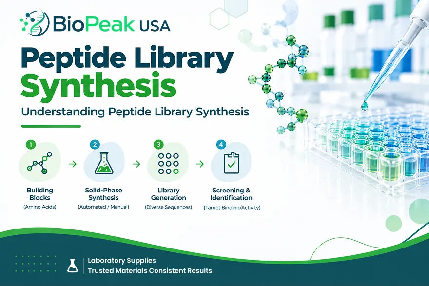 Peptide library synthesis workflow showing diverse synthetic peptide sequences