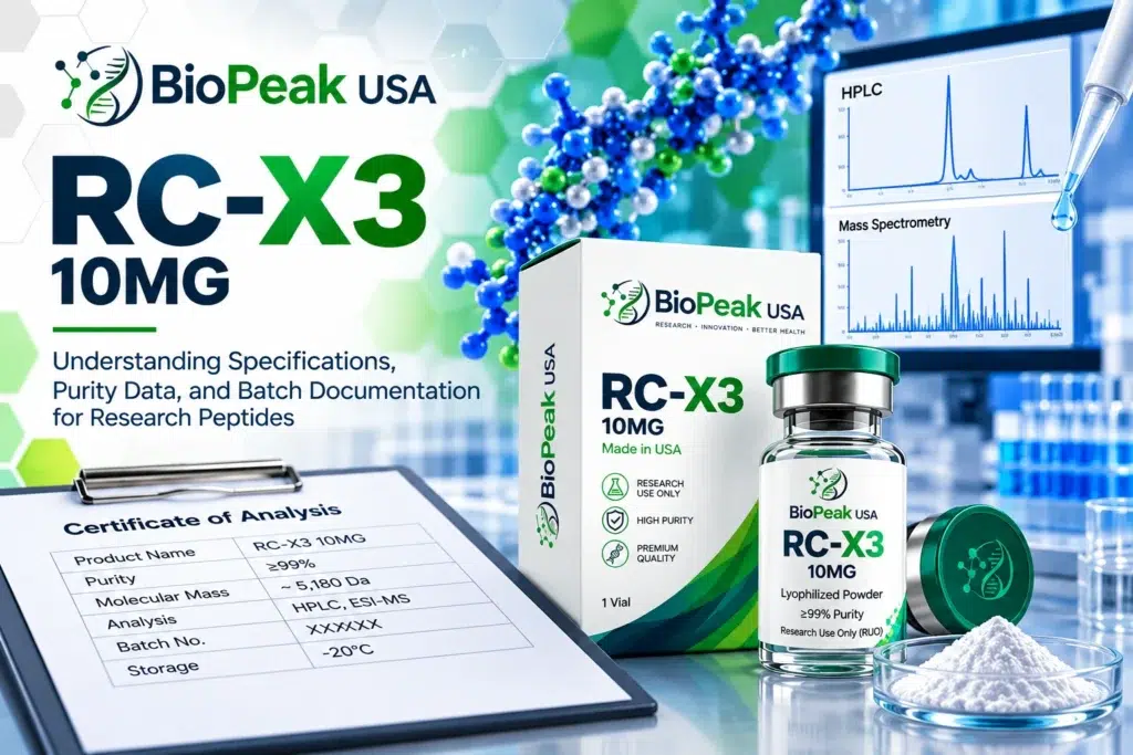 BioPeak USA banner with research vials, a molecular model, and a pipette beside the text RC-X3 Peptide