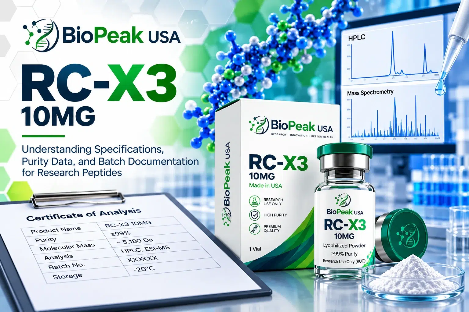 BioPeak USA banner with research vials, a molecular model, and a pipette beside the text RC-X3 Peptide