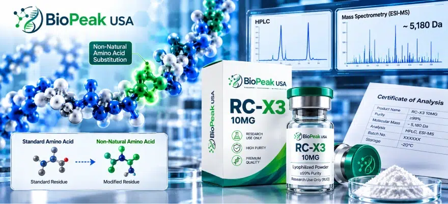 RC-X3 peptide characterization showing non-natural amino acid substitutions, HPLC analysis, and mass spectrometry