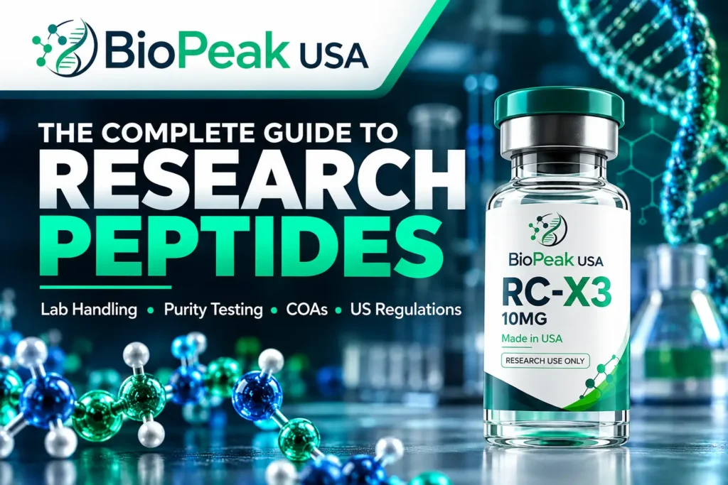The complete guide to research peptides featuring BioPeak USA branding and a research vial